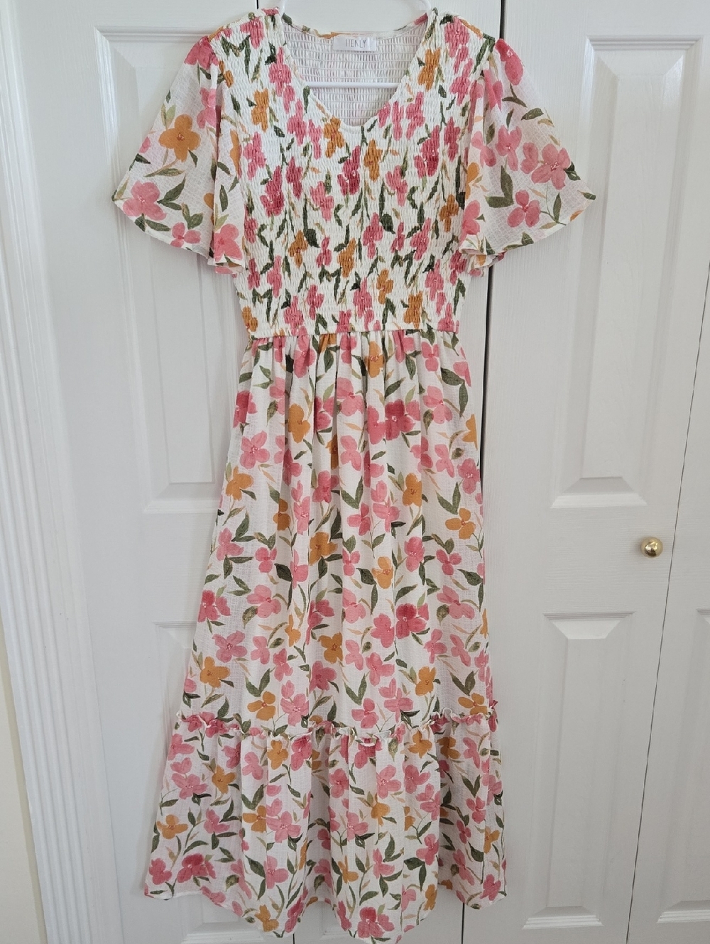 HENLY Floral Smocked Midi Dress - Pink & Mustard Flowers